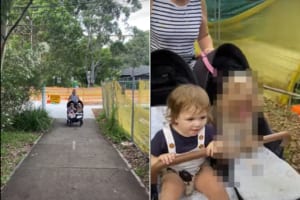 道の向こうからやってくる二人乗り用のベビーカー。これには双子ちゃんが乗っているのかと思いきや・・・、意外な子が乗り合わせていました！！