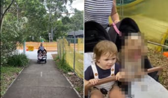 道の向こうからやってくる二人乗り用のベビーカー。これには双子ちゃんが乗っているのかと思いきや・・・、意外な子が乗り合わせていました!!