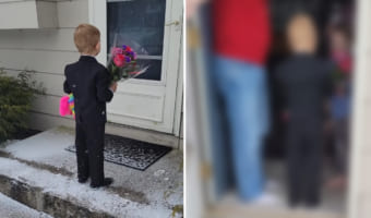 紳士すぎる5歳の男の子。タキシードに身を包み花束とプレゼントを抱えて、いざバレンタイン本番へ!!