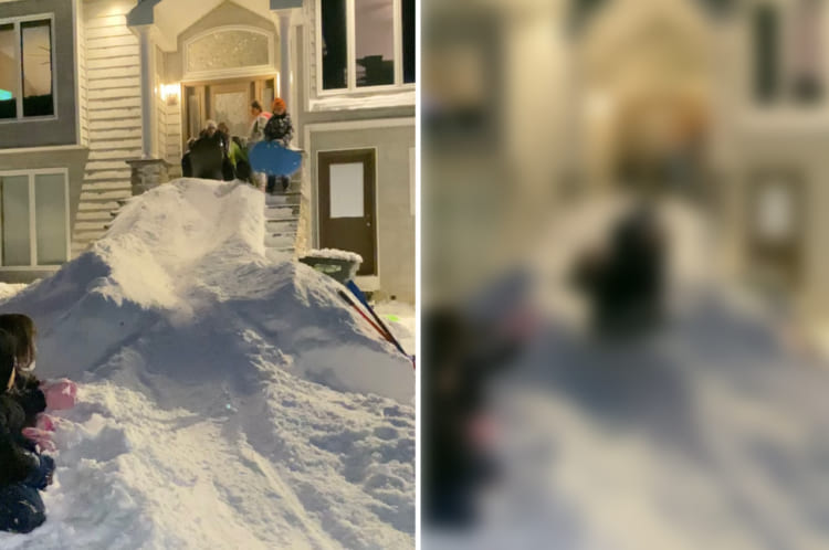 玄関の前に作られたのは、特大サイズの雪でできたスベリ台！子供たちは楽しそうに全力で滑っていきます！！