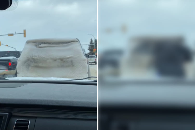 リアガラスに雪が積もったまま迷惑運転していた前方の車。それにウンザリした後続車のドライバーは『ある事』を決行しました！！