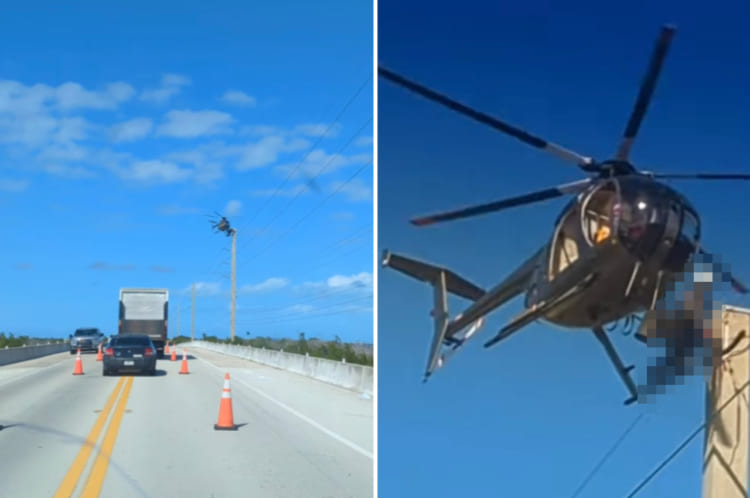 道路の上空でヘリコプターがホバリングしていると思ったら・・・、なんと機体を足場にして電線のメンテナンスをしている人がいたのです！！