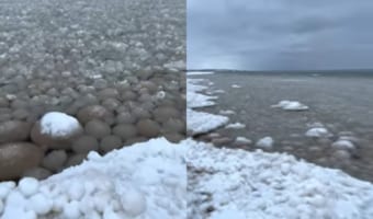 自然の生んだ奇跡の光景!ミシガン湖の湖岸に丸い岩が打ち寄せて浮いていると思いきや・・・、これはアイスボールと呼ばれる球状になった氷なのです!