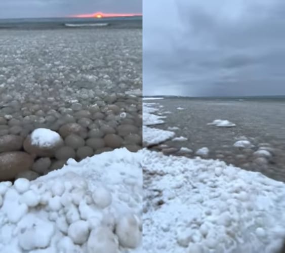 自然の生んだ奇跡の光景！ミシガン湖の湖岸に丸い岩が打ち寄せて浮いていると思いきや・・・、これはアイスボールと呼ばれる球状になった氷なのです！