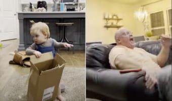 テレビでサッカー観戦して興奮して叫び声をあげたおじいちゃん。その姿に赤ちゃんはショックを受け・・・