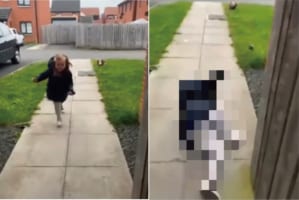 リードを持って走る女の子でしたが、リードの先にいる愛犬は動く気なんてなかったみたい。ふたりの意識の差が女の子に悲劇を呼びました