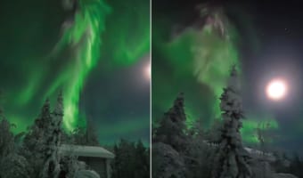 満月の夜、雪の中を進む冒険家たち。その夜の空は、霊妙なオーロラで緑色に染め上がっていたのです!!