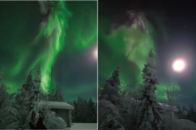 満月の夜、雪の中を進む冒険家たち。その夜の空は、霊妙なオーロラで緑色に染め上がっていたのです！！