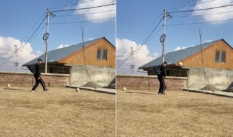 スゴいボールコントロールだ！一回ボールを蹴っただけで背負ったバックパックにボールを収納するスゴ技を見せた男性