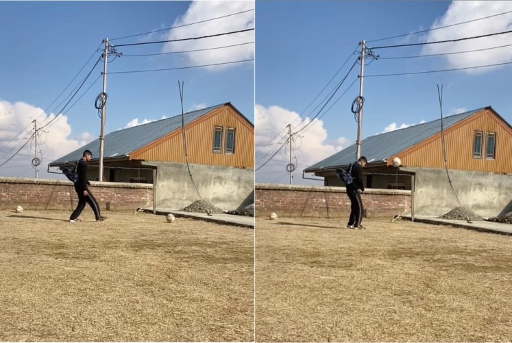 スゴいボールコントロールだ！一回ボールを蹴っただけで背負ったバックパックにボールを収納するスゴ技を見せた男性