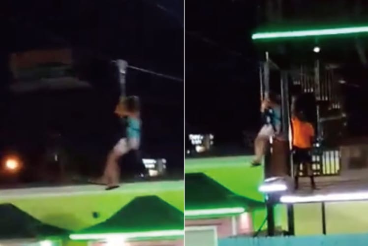 ジップラインに乗る女性。ところがスタッフさんが受け止めるのに失敗してしまい・・・、まさかのハプニングが！！