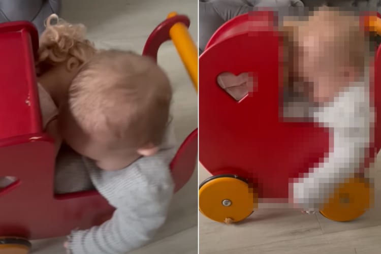 ベビーカーですやすやとお昼寝中の赤ちゃん。ちょっと窮屈そうと思ったら・・・、このベビーカーは赤ちゃんのではなくお人形さん用のだったのです！