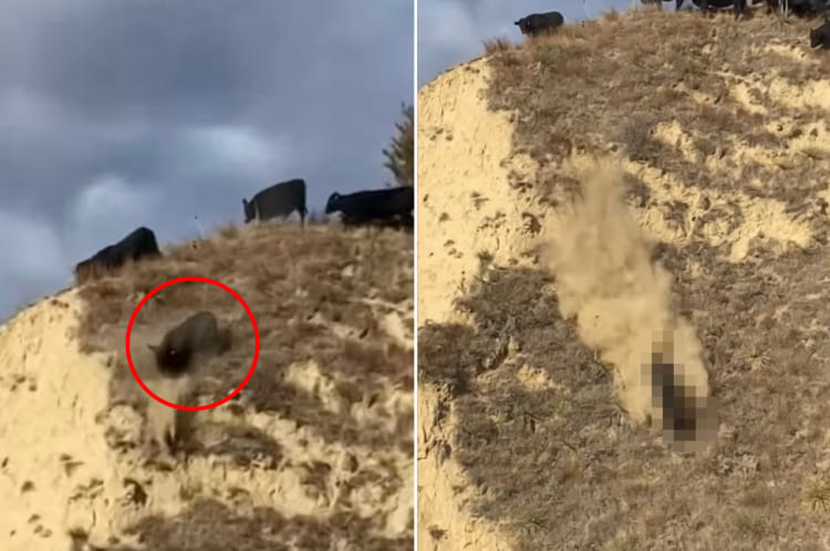 崖のような急斜面を下りはじめた牛。ところが止まれなくなったようで、「鵯越の逆落とし」の如く勢いよく滑りおりていきました！！