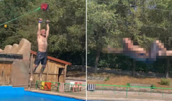 プールの上を滑走するジップラインが爽快すぎてテンションが上がった男性。「途中で手を離すように」と言われていたのを忘れてしまった結果・・・