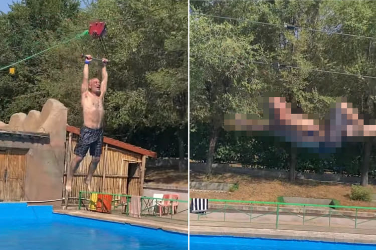 プールの上を滑走するジップラインが爽快すぎてテンションが上がった男性。「途中で手を離すように」と言われていたのを忘れてしまった結果・・・