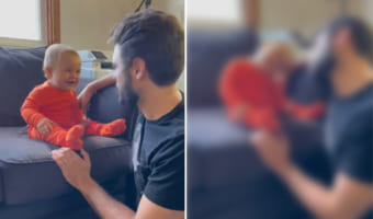 パパの真似っこをする赤ちゃん。体を揺らしたり口で音を鳴らしたりと笑顔を浮かべてノリノリです!そして最後はパパが赤ちゃんのかわいい仕草を・・・