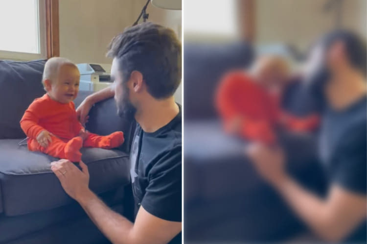 パパの真似っこをする赤ちゃん。体を揺らしたり口で音を鳴らしたりと笑顔を浮かべてノリノリです！そして最後はパパが赤ちゃんのかわいい仕草を・・・