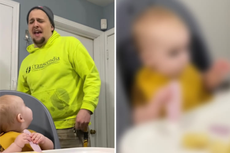 「パパ、なにがおかしいの？」食事中の赤ちゃんの顔を見たら、笑いが止まらなくなったお父さん。実はこの赤ちゃん、お母さんの〇〇を付けていたのです