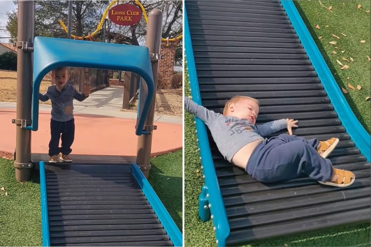 「こんなの聞いてないよ〜！」すべり台の上に立つ男の子。しかし、そのすべり台はローラーすべり台だったため、まさかのハプニングが！！