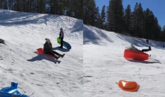 ソリで滑る女性。猛スピードで斜面を下ってきましたが・・・、制御不能なスピードが出ていたようです。この後なんと・・・