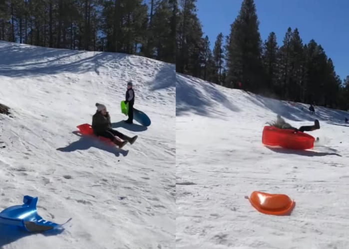 ソリで滑る女性。猛スピードで斜面を下ってきましたが・・・、制御不能なスピードが出ていたようです。この後なんと・・・