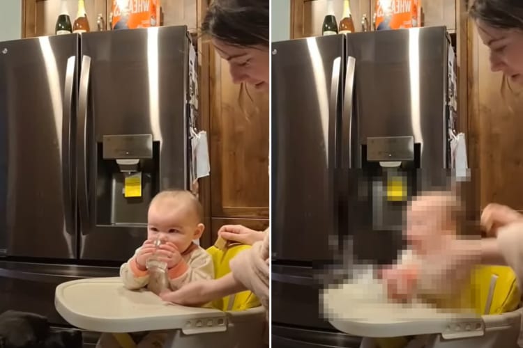 お水をコップから飲む練習中の赤ちゃん。すると、足元にいた愛犬が突然一鳴きして・・・、不意のこと過ぎて赤ちゃんビックリ！！