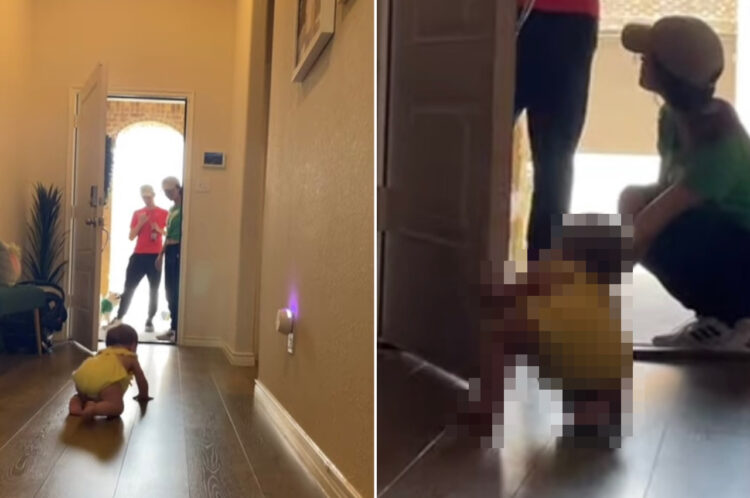 ハイハイをして玄関にいるおばさんたちのもとへ向かう赤ちゃん。お別れのハグをしてもらいに行ったのかと思いきや、ビックリな行動に出ました！！