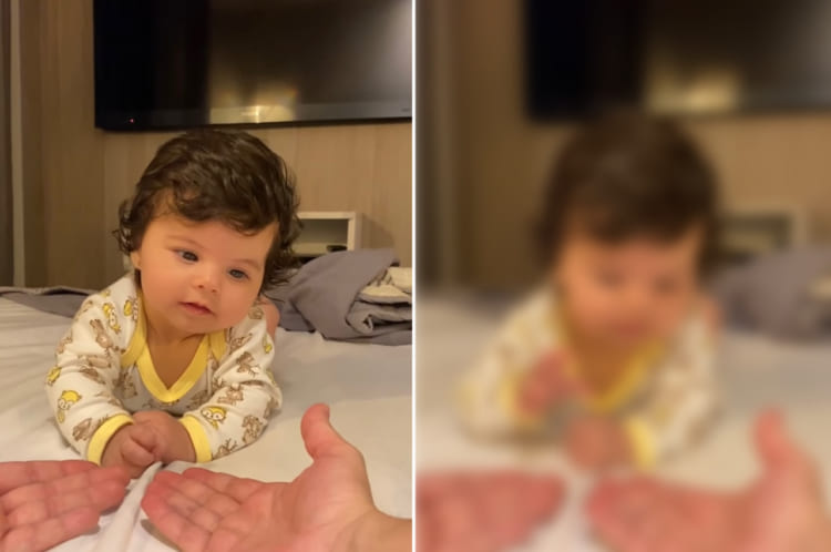 パパとママから同時に手を差し出された赤ちゃん。どちらの手を取るか選びきれず、困ってしまい・・・。その後浮かべた表情にご注目！！