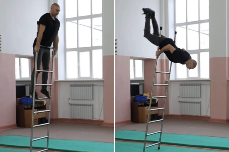 ハシゴを使ってスゴ技を魅せる男性。流れるような華麗な動きで、ダイナミックなパフォーマンスを見事に成功させました！！【海外・動画】