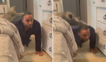 「もう一息ニャ!」腕立て伏せを行う男性。その隣で、愛猫がトレーナーとなってカウントしてくれています!
