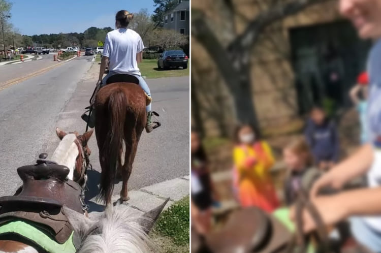 馬に乗って学校まで娘のお迎えに行った結果・・・、そのユニークな光景に他の子たちが大はしゃぎして注目の的になっていました！！