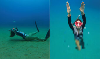 10mの深さまでスキンダイビングをした女性。見事なバブルリングを披露すると、最初は小さかったリングは次第に大きくなり・・・最終的には!