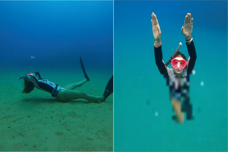 10ｍの深さまでスキンダイビングをした女性。見事なバブルリングを披露すると、最初は小さかったリングは次第に大きくなり・・・最終的には！