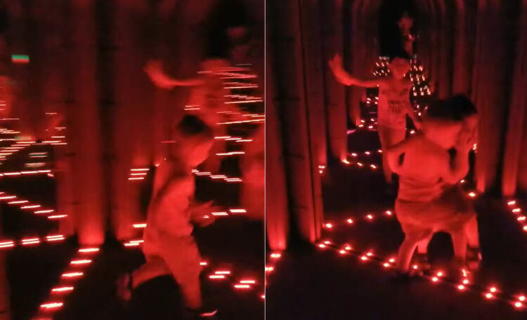 鏡の迷路ではしゃぐ兄弟。元気に走り回っているけど・・・、どれが通路でどこに鏡があるか確認しながら慎重に進まないと危ないよ！！