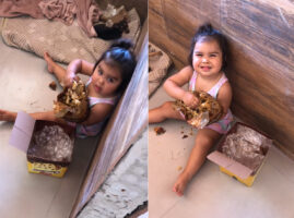 こっそり楽しい時間を過ごしていた幼い女の子。愛犬のすぐそばでおやつを独り占めして幸せなのか、ニコッとステキな笑顔を見せてくれました！！