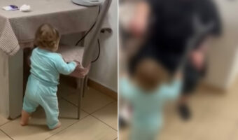 「パパ、ここに座って」松葉杖をつくパパのお手伝いをする赤ちゃん。その健気で優しい姿が天使のようで心打たれます！！【海外・動画】