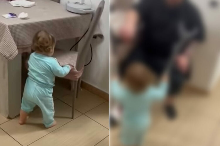 「パパ、ここに座って」松葉杖をつくパパのお手伝いをする赤ちゃん。その健気で優しい姿が天使のようで心打たれます！！【海外・動画】