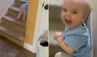 「のぼっちゃダメ!」と伝えていた階段をのぼろうとする赤ちゃん。ビックリさせようと後ろから声をかけた結果・・・【アメリカ・動画】