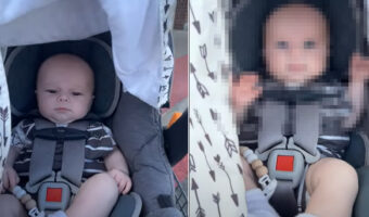 ショッピングカートに乗せられた赤ちゃん。地面のガタガタ段差に大きく揺さぶられて目を見開くほどビックリ！！【アメリカ・動画】