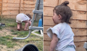 泥遊びが大好きな赤ちゃん。頭を地面につけて何をしているのかと思いきや・・・、身を起こしたその姿があら大変！！【海外・動画】