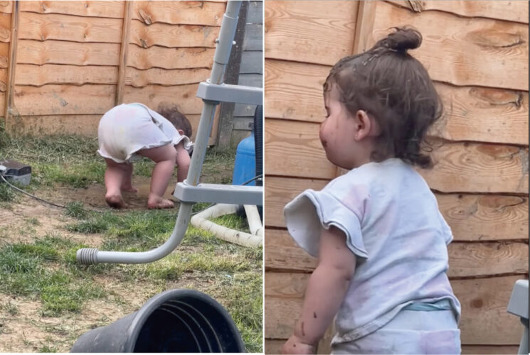 泥遊びが大好きな赤ちゃん。頭を地面につけて何をしているのかと思いきや・・・、身を起こしたその姿があら大変！！【海外・動画】