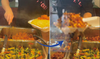 このお弁当、デカ盛りすぎる！！アメリカのチャイニーズレストラン、盛り過ぎなのでフタが閉まりきっていません！それどころかあふれ落ちています