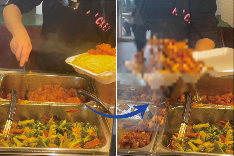 このお弁当、デカ盛りすぎる！！アメリカのチャイニーズレストラン、盛り過ぎなのでフタが閉まりきっていません！それどころかあふれ落ちています