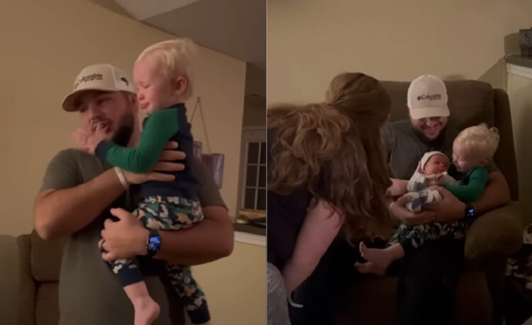 弟くんに初めて会えてよほど嬉しいのか、泣くほど感激した2歳のお兄ちゃん。優しく抱っこするその姿が実に尊い【アメリカ・動画】