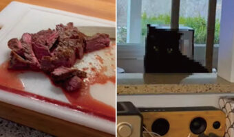 ステーキの用意をしていたら感じた視線。視線の方に目を向けると・・・、そこには熱い眼差しを向けるかわいい子の姿が！！【アメリカ・動画】