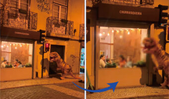 ティラノサウルスに扮し街を散策する男性。その姿を目撃したレストランで食事中の女の子のリアクションは・・・【海外・動画】