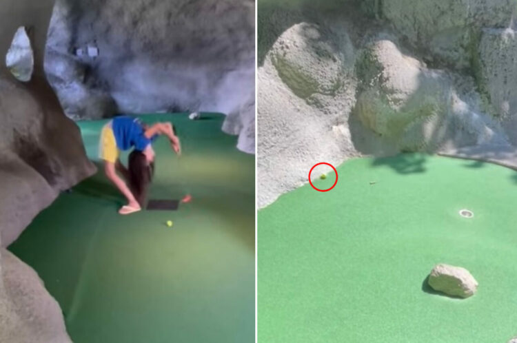 後屈の体勢でミニゴルフのスーパーショットに挑戦する体操少女。そのショットは・・、ミラクルな結果に！！【アメリカ・動画】