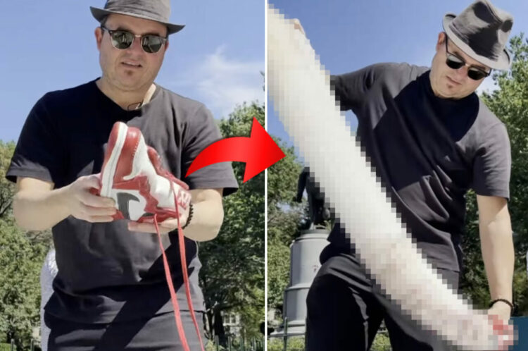 エアジョーダンをカメラに向ける男性。自慢のコレクションなのかと思いきや、実はこれ・・、まさかの○○で作られていたのです！【アメリカ・】