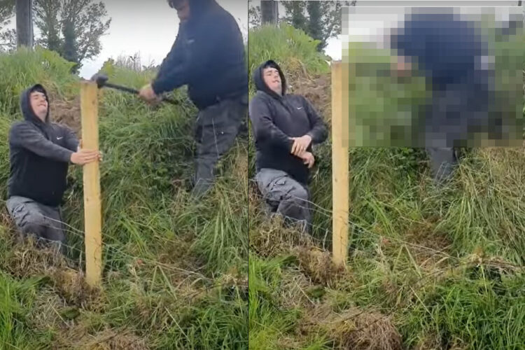 ハンマーで杭を打ち込んでいたところ、まさかのハプニングが発生！！【海外・動画】