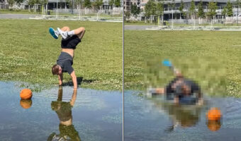 大きな水たまりに落ちてしまったバスケットボール。靴を濡らしたくない男性は逆立ちをして向かいますが・・、無事回収できるのでしょうか?!
